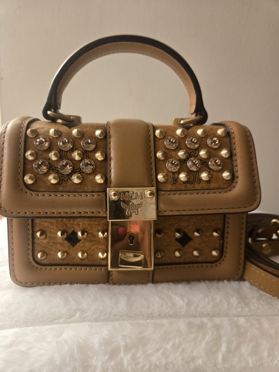 MCM Handbags - MCM Tan Studded Mini Top-Handle Bag with Gold Hardware